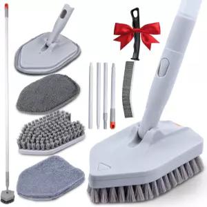 DSV 표준 타일 욕조 스크러버 브러시 샤워 긴 손잡이 3개의 탈착식 스크래치 헤드가 있는 3-in-1 청소 욕실