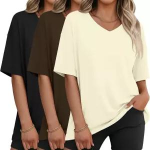 벨브홀 3팩 여성 오버사이즈 셔츠 V넥 하프 슬리브 탑 운동 캐주얼 기본 루즈 스웨트셔츠 체육복