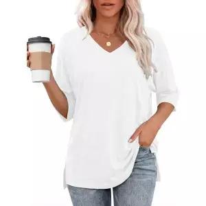 토타튜트 여성 오버사이즈 티셔츠 반팔 브이넥 블라우스 사이드 슬릿 기본 루즈핏 튜닉 상의