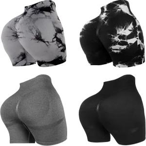 무무코브 4피스 여성 운동 반바지 타이 염색 하이 웨이스트 엉덩이 팅 타이트 체육관 요가 스포츠