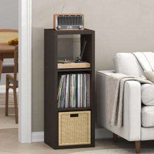 퓨리노 큐비클 레코드 플레이어 스탠드(비닐 보관함 포함), 3큐브 1.2 엑스트라 두꺼운 비닐 보관함, CD DVD 블루레이 게임 디스크용 오픈 백 미디어 선반, 거실, 홈 오피스, 블랙 다크 오크용