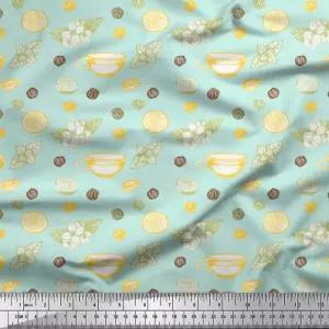 소이모이 코튼 캠브릭 그린 패브릭 - 바이 더 야드 42인치 와이드 플로럴 티컵 및 레몬 슬라이스 야채