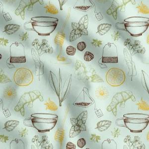 소이모이 코튼 캠브릭 그린 패브릭 - 바이 더 야드 42인치 와이드 티컵 스타 아니스 레몬 슬라이스 야채