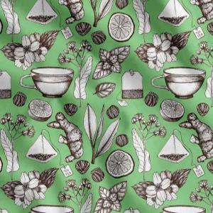 소이모이 코튼 캠브릭 그린 패브릭 - 바이 더 야드 42인치 와이드 티컵 레몬 슬라이스 및 진저 야채 메들리