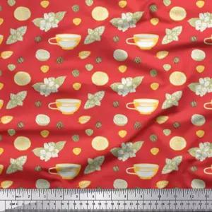 소이모이 코튼 캠브릭 오렌지 패브릭 - 바이 더 야드 42인치 와이드 플로럴 티컵 및 레몬 슬라이스 야채