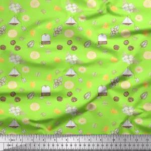 소이모이 코튼 캠브릭 그린 패브릭 - 바이 더 야드 42인치 와이드 티백 스타 아니스 레몬 슬라이스 야채