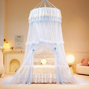 소녀 러플을 위한 아키키 침대 캐노피 공주 커튼 원형 돔 아늑한 드레이프 네팅 자수 레이스 쉬어 메시 및 성인 침실 장식(블루)