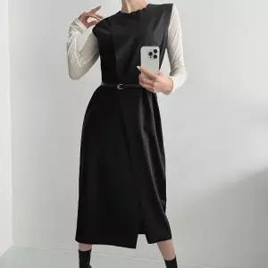 [다잇템] 여자 포멀 들러리룩 랩원피스 슬림벨트 슬리브리스 롱원피스