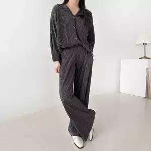 [다잇템] 여자 통팬츠 남방 부드러운 H라인 카라넥 롱슬리브 아코디언 세트