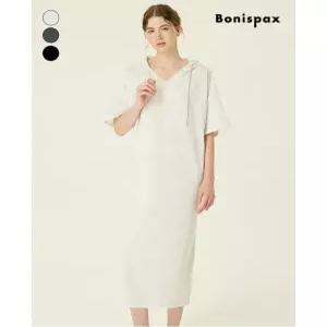 오픈 V넥 후드 5부 반팔 롱 원피스 (XP7OP011M0)