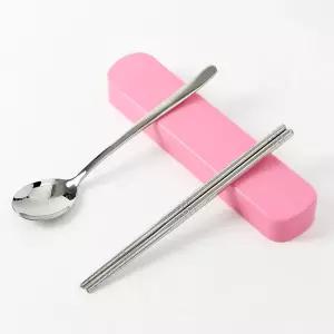 피크닉 도시락수저세트 핑크 케이스 2개 한식기 캠핑