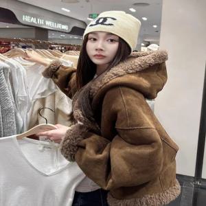 스웨이드 퍼안감 후드 겨울 점퍼 루즈핏 따뜻한 무스탕