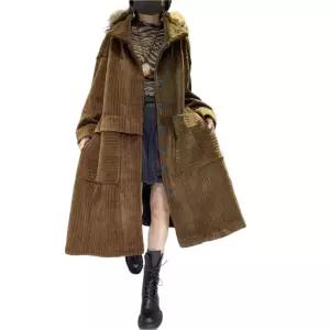 여성 간절기 긴 무스탕 가을 코듀로이 골덴 핸드메이드 빅 롱 자켓 겨울 양털 벨벳 루즈핏