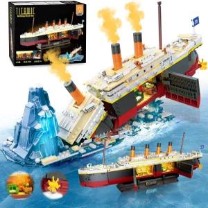 플래순 2 in 1 타이타닉 빌딩 세트 조명 1935 PCS 선박 미니 블록 키트 글레이셔 디스플레이 스탠드 홈