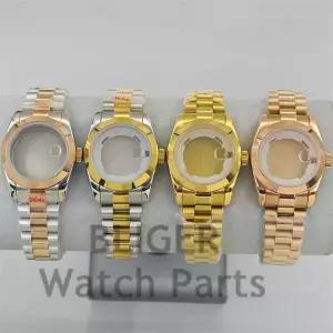 호환 BLIGER 여성용 럭셔리 골드 로즈 골드 시계 케이스 팔찌 포함 광택 경사 베젤 사파이어 글래스 NH05 N