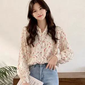 [몽벨리즈]레드플로럴퍼프블라우스 mde2302859