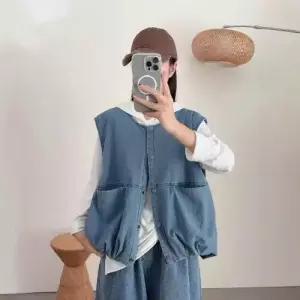여성용 청 캐주얼 빈티지 싱글 민소매 코디 순정 조끼 포켓 좋은 라운드 SPO마켓1