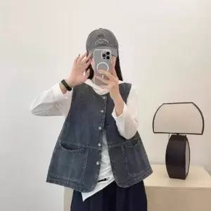 여성용 청 캐주얼 빈티지 가을 라운드 민소매 코디 레이어드 조끼 톱 좋은 SPO마켓3