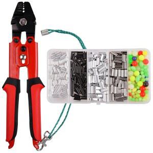 OROOTL 낚시 압착 공구 키트, 500피스 크림프 슬리브 비즈 세트가 있는 낚시 크림프 펜치, 튼튼한 와이어 리더 로프 크림퍼 공구 와이어 커터 알루미늄 구리 루프 슬리브