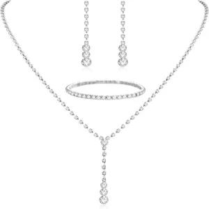 투나라즈 스파클링 주얼리 세트 여성용 실버 라인스톤 목걸이 티어드롭 댕글 귀걸이 팔찌 신부 들러리