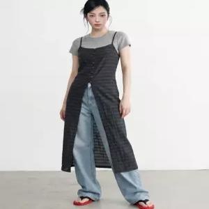 탑걸 체크 버튼 딥 슬릿 뷔스티에 드레스_T611DS505