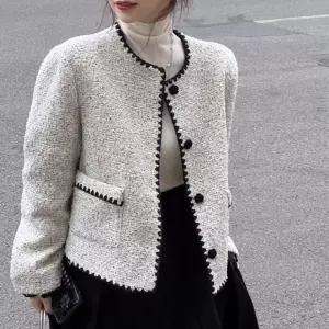 0402 하객룩 트위드 자켓 데이트룩 여성 노카라 스티치