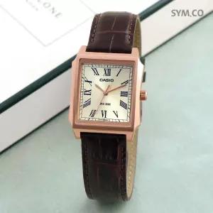카시오 MTP-B190RGL-9B 클래식 복고풍 스퀘어 로즈 골드 남자 가죽 시계 d9