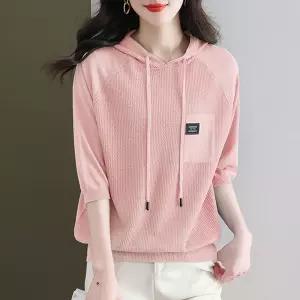 여성 칠부소매 후드 아이스니트 여름 중소매 티셔츠 심쿵빛