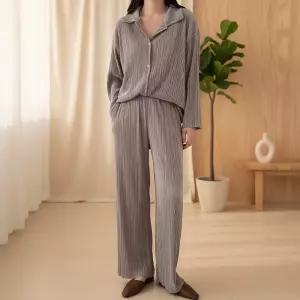 [옷자락] 여성 플리츠 카라 긴팔 셔츠와 일자핏 통바지 세트