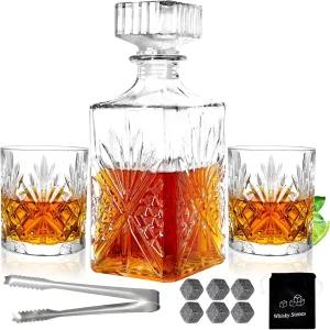 남성용 위스키 디캔터 세트 2pcs 잔과 유리 병 보틀 쿨링 스톤 클리어 주류 버번 럼 아버지 선물용