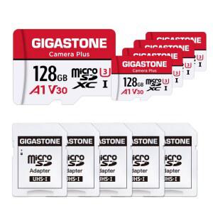 GIGASTONE SD 카드 128GB 5팩, 카메라 플러스, GoPro용 MicroSDHC 메모리 카드, Wyze Cam, Roku, 풀 HD 비디오 녹화, UHS-I U1 A1 클래스 10, 최대 100MB/s, MicroSD-SD 어댑터