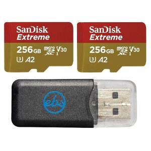 산디스크 256GB 익스트림 SD 카드 대량 2팩 FPV 드론 SDSQXAV-256G-GN6MN V30 A2 UHS-I U3 클래스 10 4K SDXC 번들, 스트롬볼리 MicroSDXC 메모리 카드 리더 제외 모든 것
