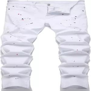 XIMXMTian 남성 슬림 핏 청바지 스치 찢어진 바이커 패션 스이트 컴포트 플렉스 허리 얼 데님 팬츠