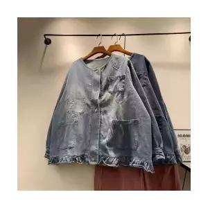 여성 데님 자켓 봄가을 순면 긴팔 빈티지 라운드넥 청자켓 상의 DUCHI1