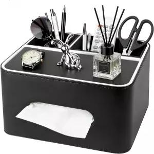 PU 가죽 티슈 박스 커버 사각형 수납 및 리모컨 홀더가 있는 다기능 침실 침대 책상 거실블랙 공간이