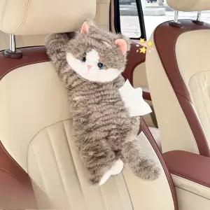 플러시 인형이 달린 귀여운 고양이 카 티슈 박스 커버 걸이식 차량 인테리어 정리함 오토 데코레이션 및