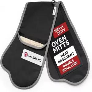 멀데일 더블 오븐 미트 부착 블랙 천연 면 초두께 단열재 영국산 헤비 듀티 양손 냄비 홀더 연결 중립 주방