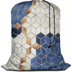 스와노 기하학 패턴 초대형 여행용 세탁 가방 드로스트링이 있는 립스탑 더러운 옷 숄더백 골드 블루 큐브