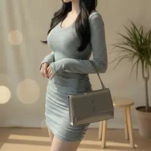 여성 일상 데이웨어 셔링 스판 브이넥 롱슬리브 미니드레스