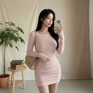 여성 골지 긴팔 보트넥 셔링 원피스 슬림핏 미니