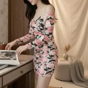 여성 오프숄더 플라워 셔링 미니 원피스