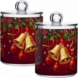 그레데코어 2팩 큐팁 홀더 클리어 크리스마스 골든벨 리본 베리 약용 병 뚜껑 아크릴 겨울 욕실 배니티