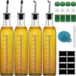 17온스 4개 스케일 올리브 오일 디스펜서 병 500ml 유리 및 식초 세트 스테인리스 스틸 파우치 라벨 8개