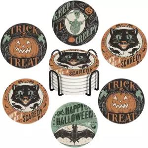 금속 홀더가 있는 6Pc 컵받침 빈티지 그린 블랙 할로윈 흡수 원형 세라믹 스톤 매트 바 파티 홈 오피스