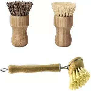 나무 접시 브러시 세트 깨끗한 냄비 대나무 프라이팬 및 긴 손잡이 1개와 손바닥 문지르기 2개 플라스틱