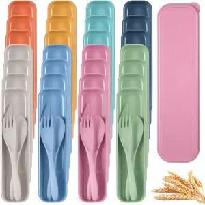 재사용 가능한 여행 도구 28세트 밀짚 식기 7가지 다양한 색상 케이스 포함 휴대용 포크 스푼 커터 도시락