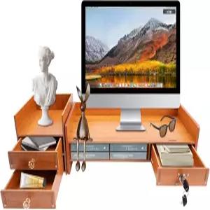 서랍 3개와 잠금식 보관함이 있는 YCWSPEMR 우드 모니터 스탠드 라이저 컴퓨터 노트북 및 사무용품용