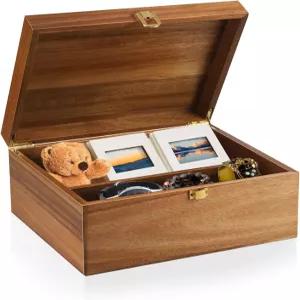 BOTOP 나무 유품 상자 힌지 뚜껑이 있는 대형 아카시아 장식 보관 공예품 및 사진 칸막이가 메모리 보물