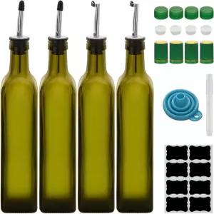 eispap 17oz 올리브 오일 디스펜서 병 4개 500ml 유리 및 식초 세트 스테인리스 스틸 파우치 라벨 8개