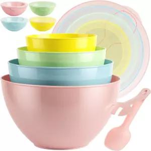 뚜껑이 있는 16피스 플라스틱 믹싱 볼 세트 네스팅 준비 8개와 8개 2in1 스푼포크 서빙 및 보관을 위한